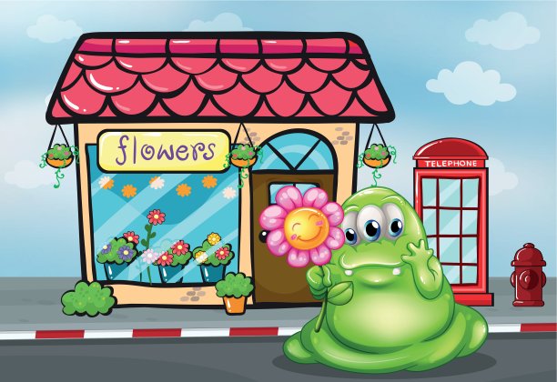 一个三眼绿色怪物举着一朵花站在小溪前图片下载