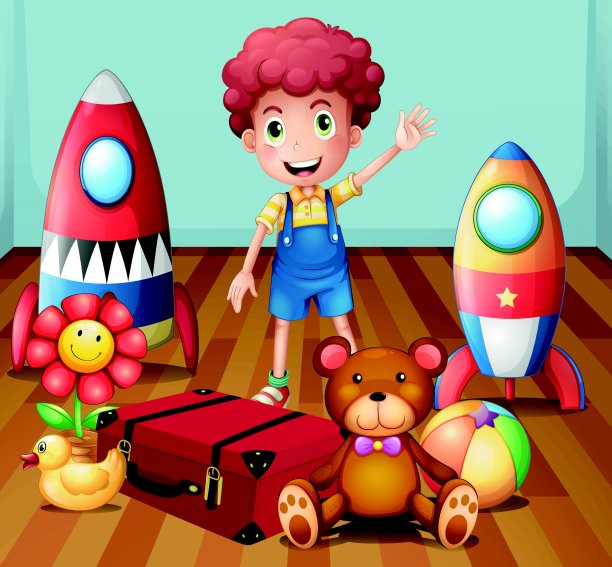 一个小男孩和他的玩具在房间里图片下载