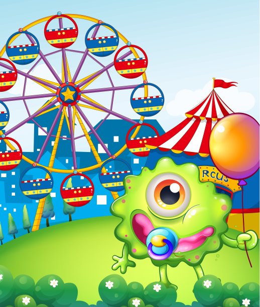 一个年轻的独眼怪物拿着一个气球在狂欢节附近图片下载