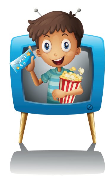 一个男孩在电视里拿着爆米花和一张票图片下载