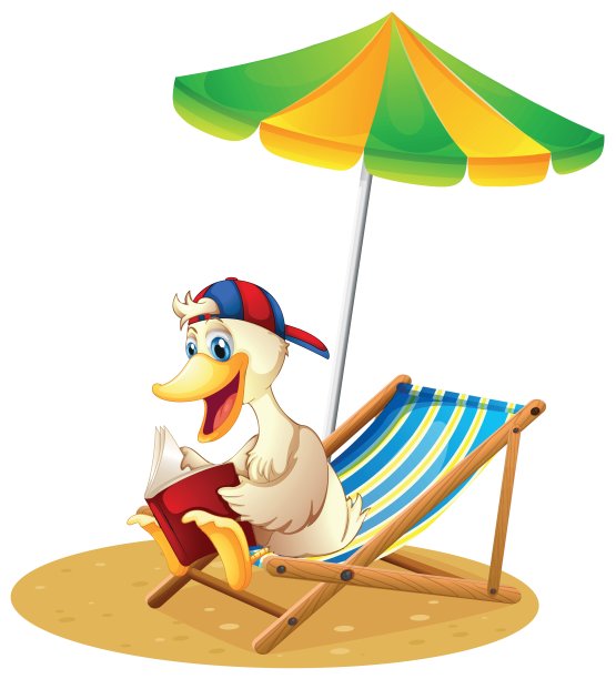 一只鸭子在海滩上看书图片下载