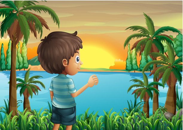 一个男孩在河边看日落图片下载