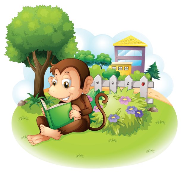 一只猴子在有花的植物旁边看书图片下载