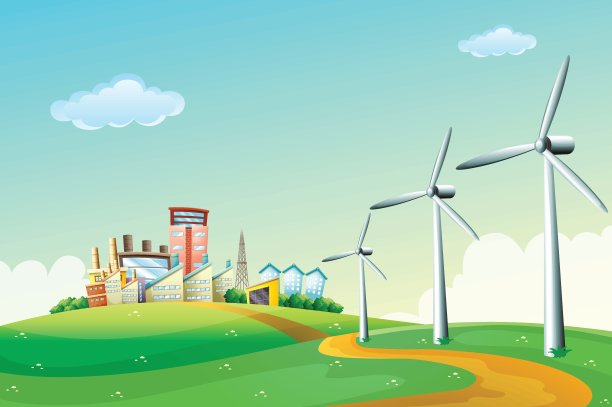 山顶上有三座风车横跨高楼大厦图片下载