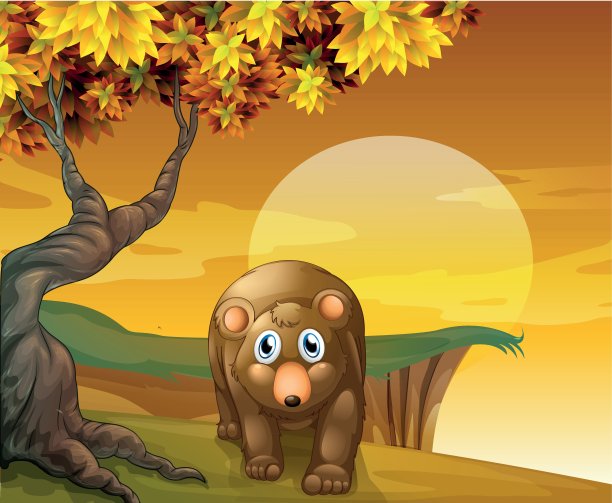 一只棕熊在悬崖附近的一棵大树旁图片下载