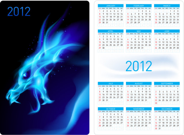二千零一十二年日历。蓝色的龙。图片下载
