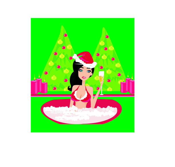 戴圣诞老人帽的女人在洗澡时放松。圣诞节的概念。图片下载