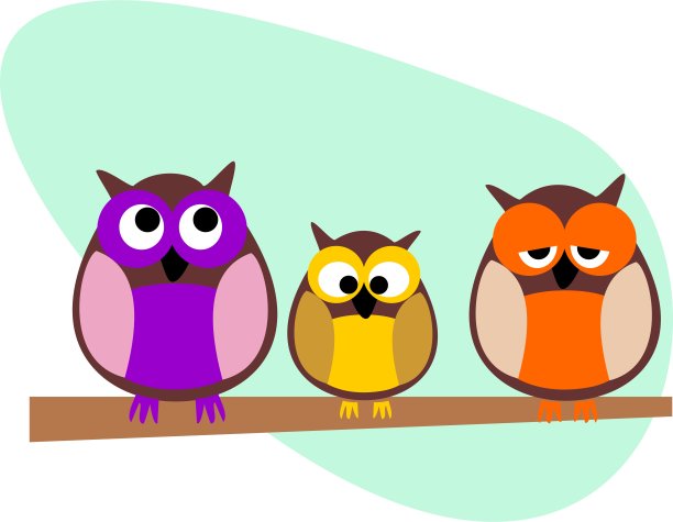 有趣的是，在一个阳光明媚的日子里，一只猫头鹰家族坐在树枝上，白色的背景上被孤立。图片下载