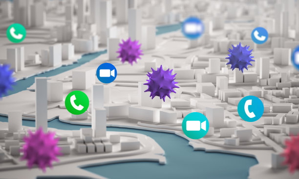 人们在城市流行病中使用视频电话。社交距离概念3D渲染图片下载