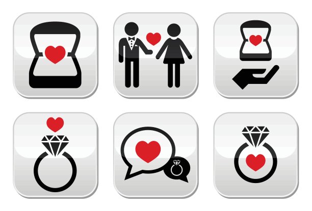 订婚，钻石戒指在盒子矢量按钮设置图片下载