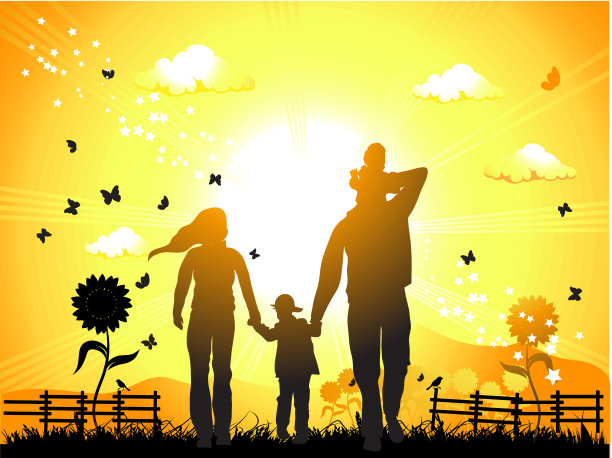 幸福的家庭漫步大自然，夕阳西下图片下载