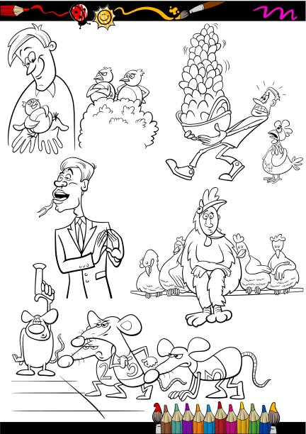 儿童设置卡通涂色页图片下载