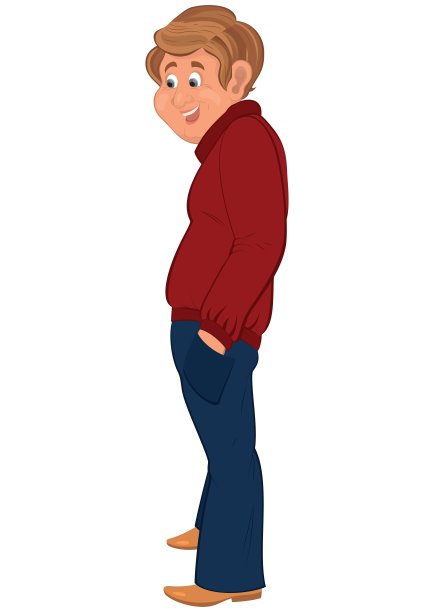 快乐的卡通人站在棕色的鞋子牵手在口袋里图片下载