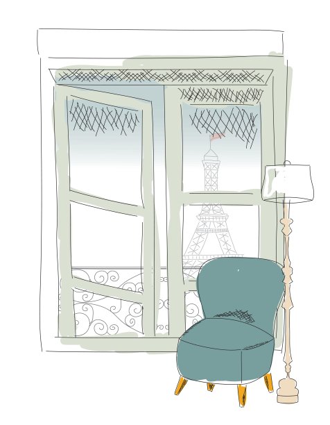 从巴黎窗口看窗外，埃菲尔铁塔，手绘图片下载