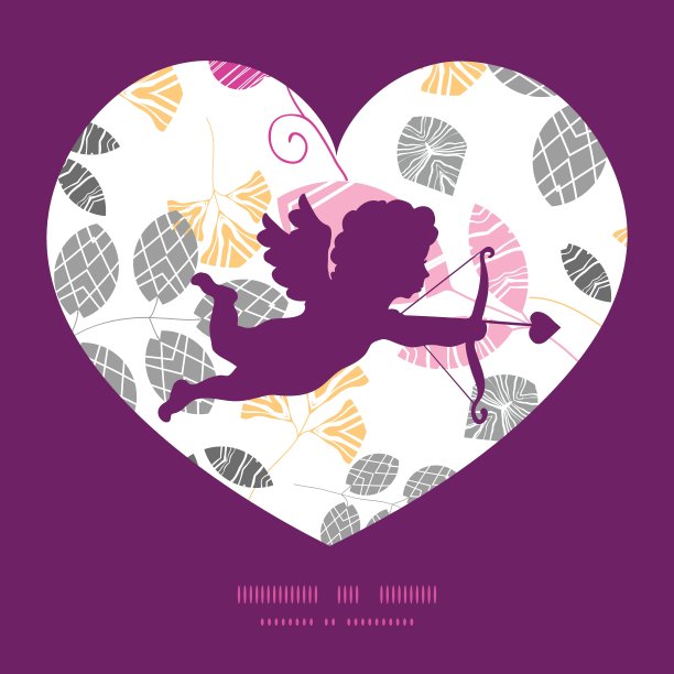 向量抽象粉色，黄色和灰色叶拍摄丘比特剪影框架图案邀请贺卡模板图片下载