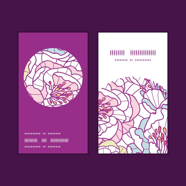 矢量彩色线条艺术花垂直圆框图案名片套图片下载