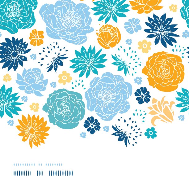蓝色和黄色花朵剪影横向装饰无缝图案背景图片下载