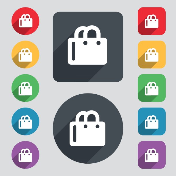 购物袋图标标志。一套12种颜色的纽扣和一个长长的影子。平面设计。向量图片下载