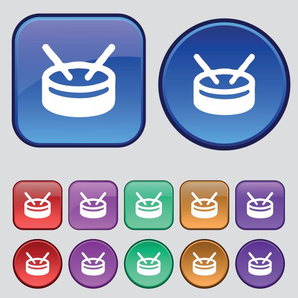 鼓图标符号。你设计的一套12个老式纽扣。向量图片下载