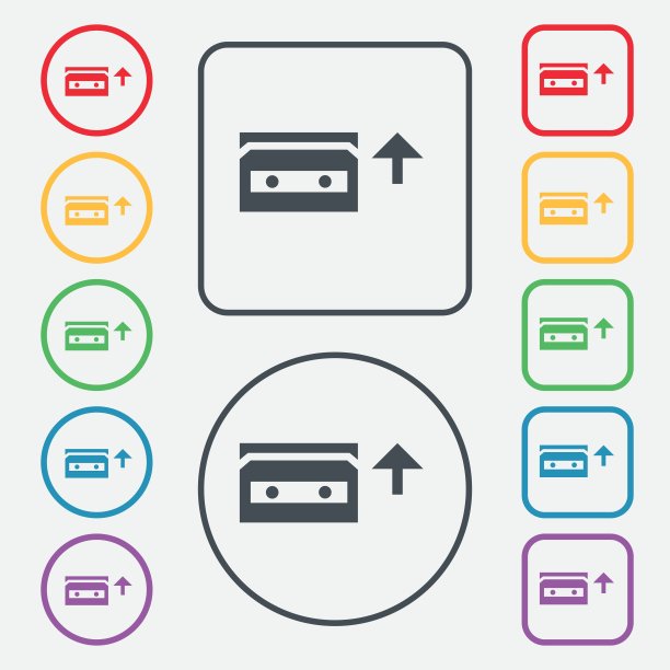 录音带图标标志。符号在带有框架的圆形和方形按钮上。向量图片下载