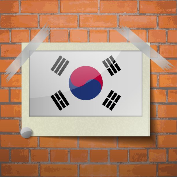 贴在红砖墙上的韩国国旗图片下载