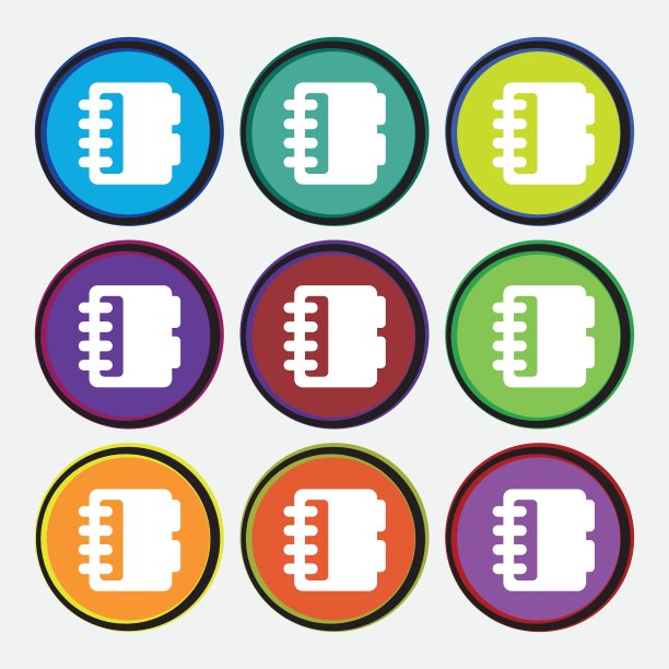 记事本，日历图标标志。九个多色圆形按钮。向量图片下载