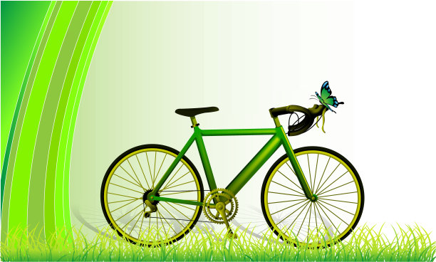 绿色山地自行车在田野和绿色背景图片下载