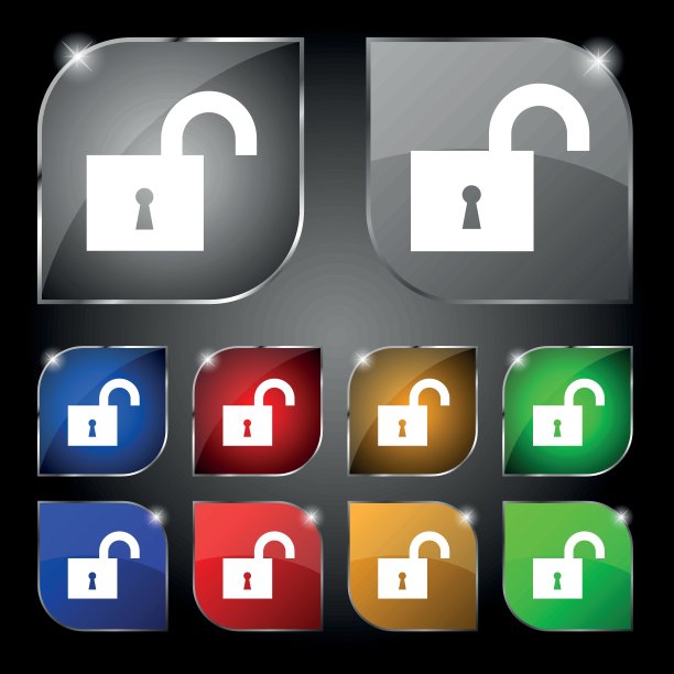 打开锁图标标志。十套彩色按钮与眩光。向量图片下载