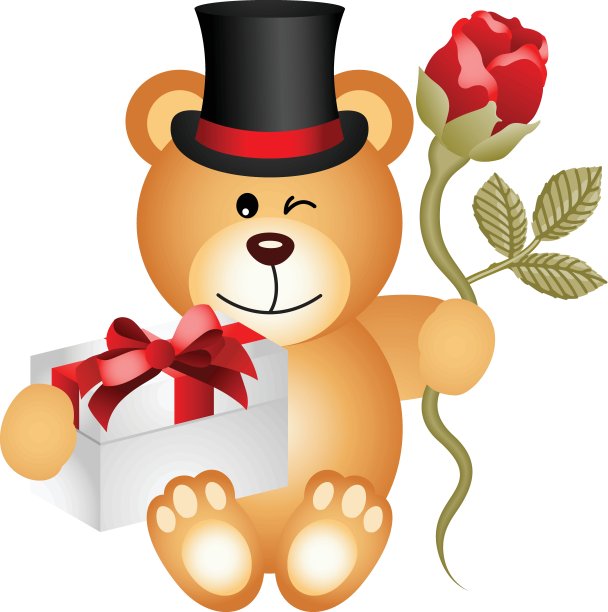 泰迪熊，礼盒和红玫瑰图片下载