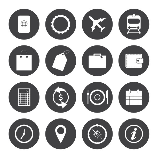 黑白旅游图标。向量EPS10图片下载