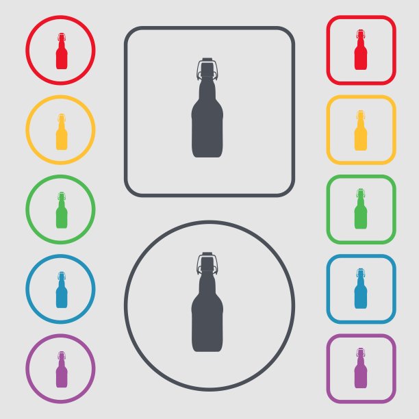 瓶图标符号。符号在带有框架的圆形和方形按钮上。向量图片下载