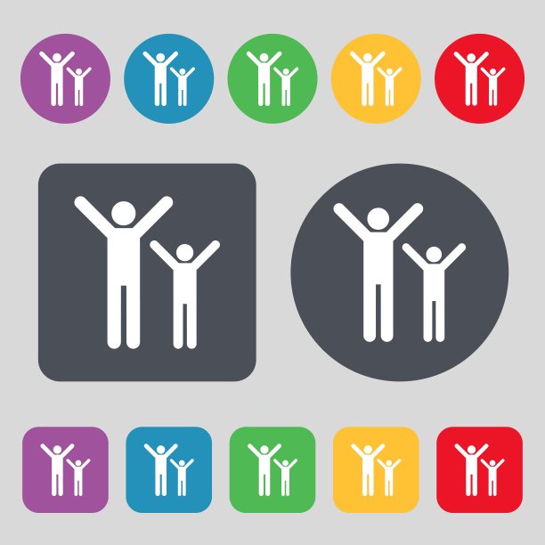 幸福家庭的标志。一套12个颜色的按钮。平面设计。向量图片下载