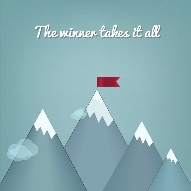 平面设计的现代矢量插画概念，以山峰上的旗帜复制空间，寓意克服困难，以结果取胜的策略。图片下载