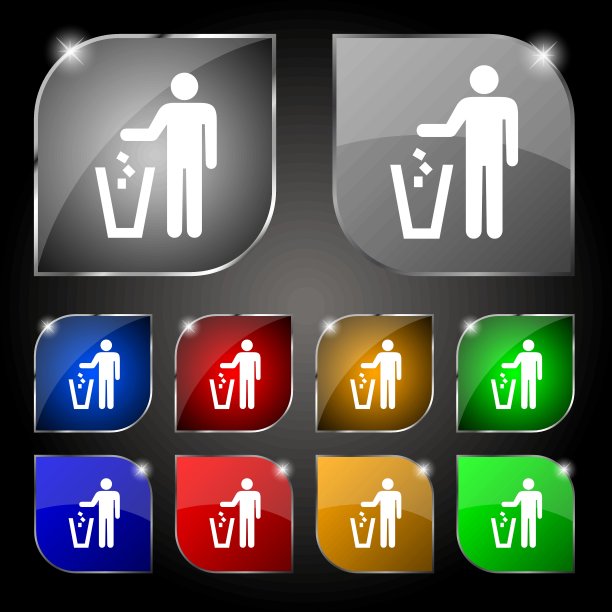 扔掉垃圾图标标志。十套彩色按钮与眩光。向量图片下载