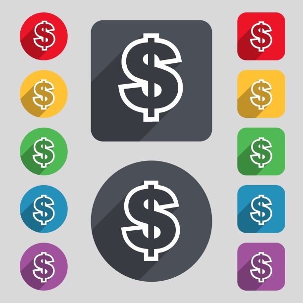 美元的图标符号。一套12种颜色的纽扣和一个长长的影子。平面设计。向量图片下载