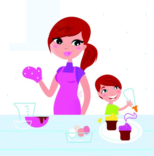 快乐的母亲和她的儿子在厨房做饭图片下载