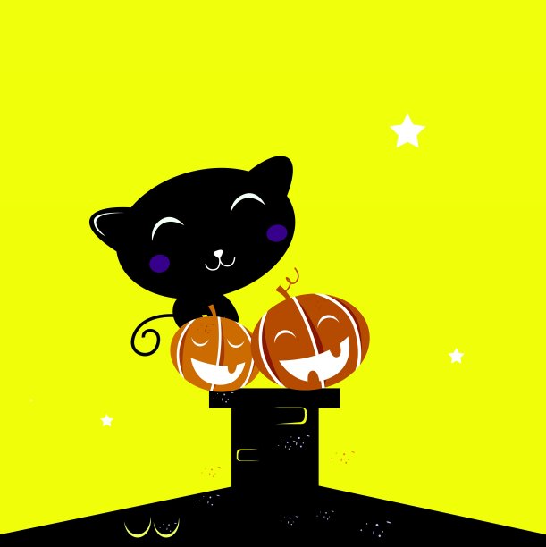 黑色万圣节猫的剪影在晚上坐在屋顶上图片下载