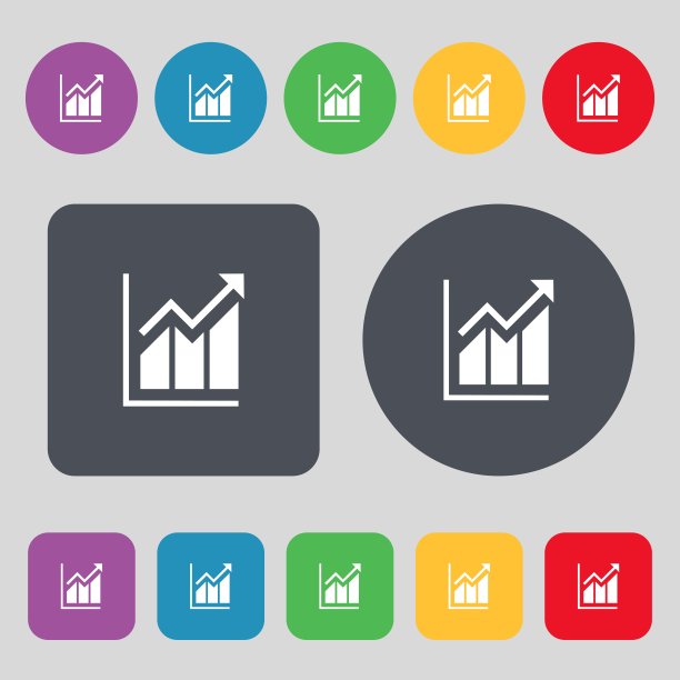 增长条形图图标标志。一套12个颜色的按钮。平面设计。向量图片下载