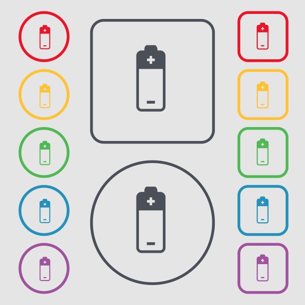 电池图标的迹象。符号在带有框架的圆形和方形按钮上。向量图片下载