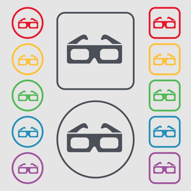 3d眼镜图标标志。符号在带有框架的圆形和方形按钮上。向量图片下载
