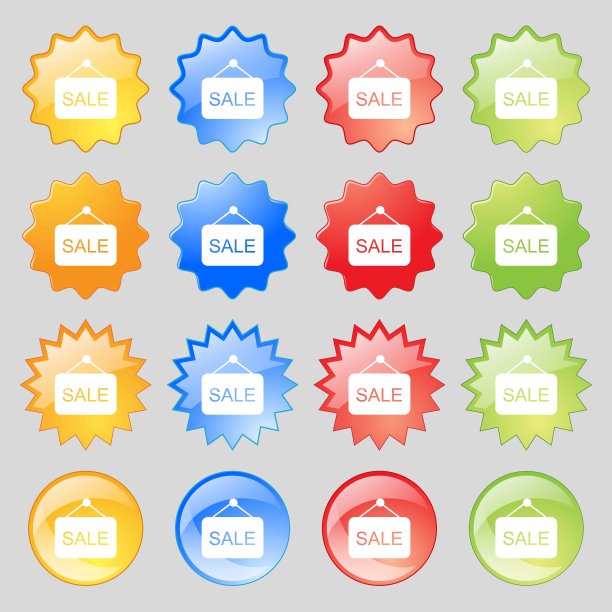 出售图标符号。大套16个彩色现代钮扣为您的设计。向量图片下载