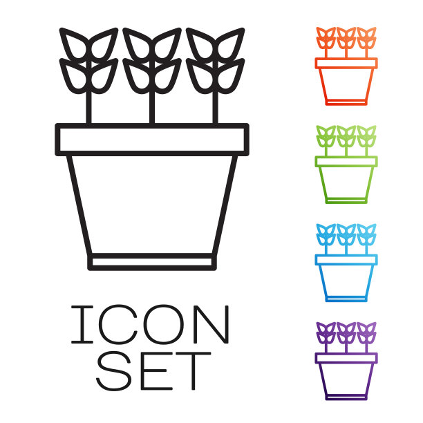 黑线植株在盆上孤立白色图标图片下载