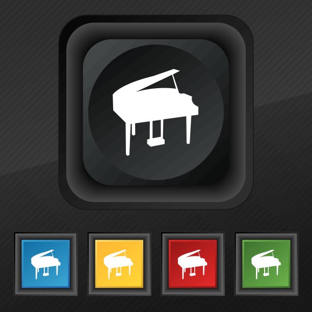 大钢琴图标符号。五套彩色，时尚的钮扣黑色纹理为您的设计。向量图片下载
