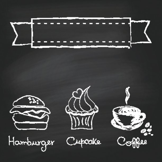 可爱的一套明亮的纸杯蛋糕和咖啡杯在黑板背面图片下载