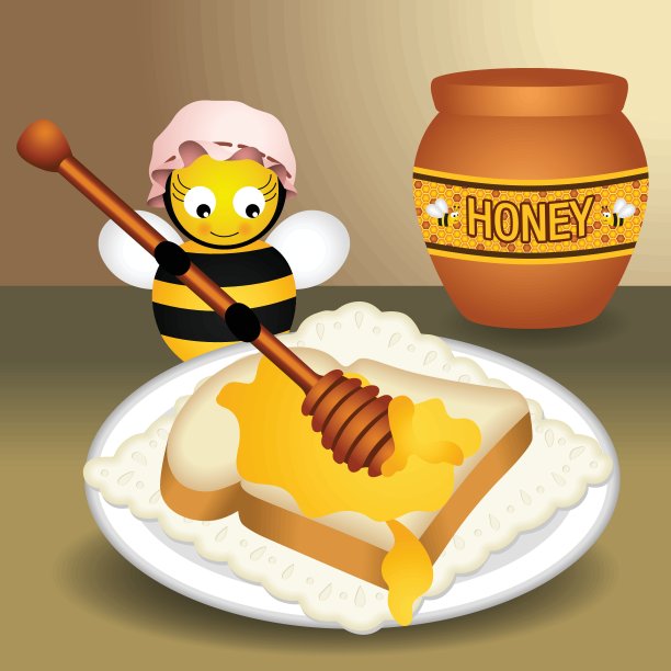 蜜蜂把蜂蜜放在面包上图片下载