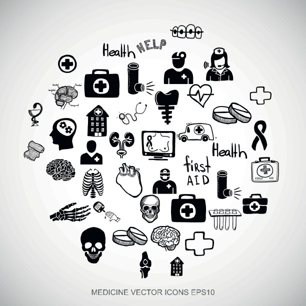 医疗保健黑色涂鸦手绘医疗图标设置为白色。EPS10矢量插图。图片下载