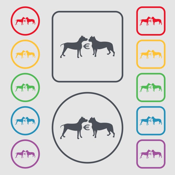 赌斗狗标志。符号在带有框架的圆形和方形按钮上。向量图片下载