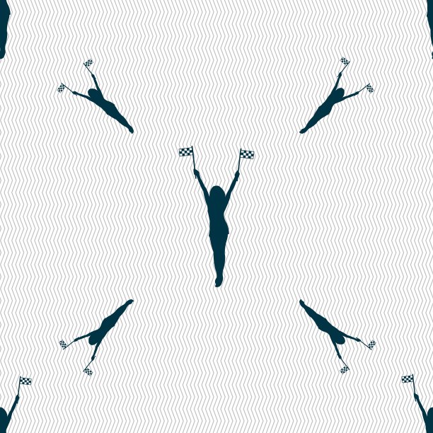 赛车引针女孩与旗帜图标标志。无缝图案与几何纹理。向量图片下载