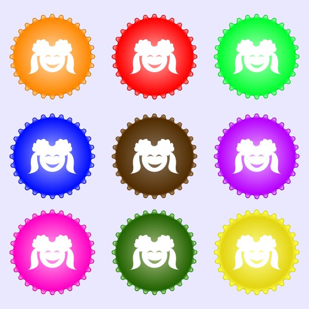 微笑的女孩图标标志。大套彩色，多样，高品质的纽扣。向量图片下载
