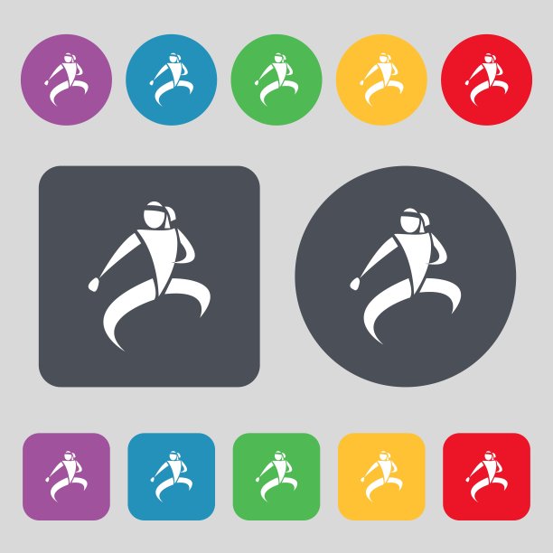 空手道踢图标标志。一套12个颜色的按钮。平面设计。向量图片下载